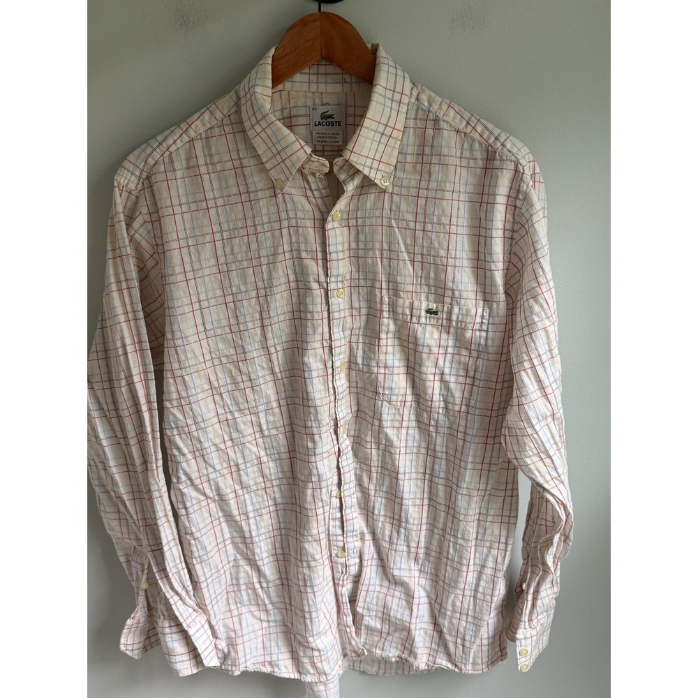 Vintage Lacoste Mens Button Down Shirt Check Plaid‎ White Orange Blue Size 42